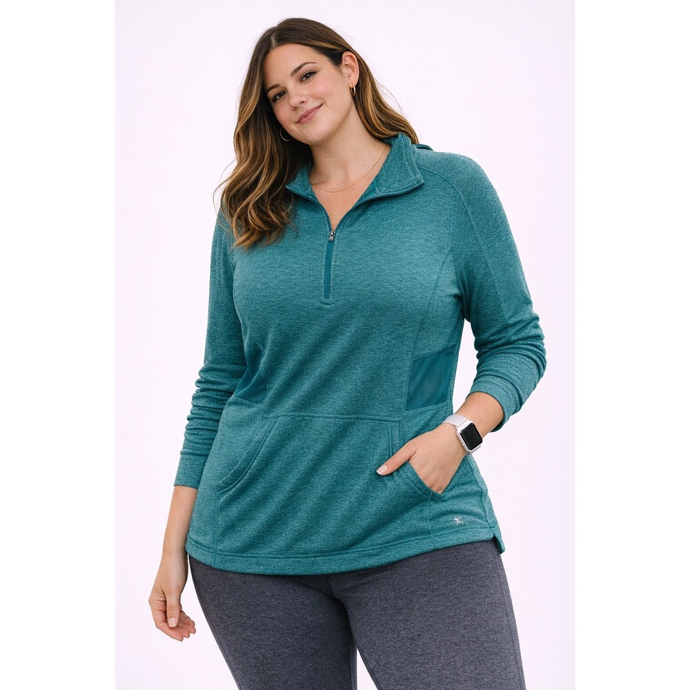 Danskin Now Quarter Zip Pullover Women XL Teal Mesh Panel Ruched Active Top